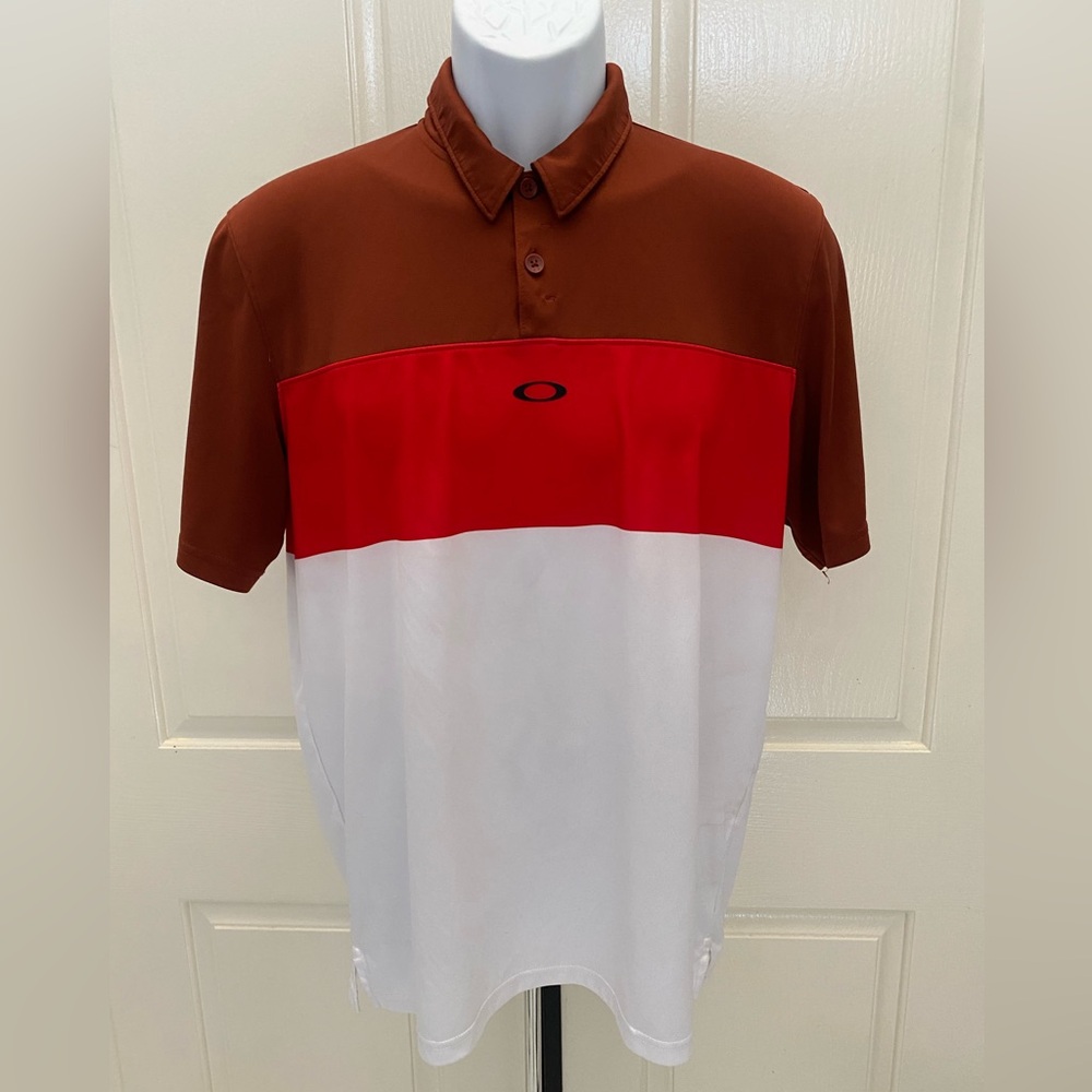 Oakley Burgundy, Red, and White Polo Shirt Sz M